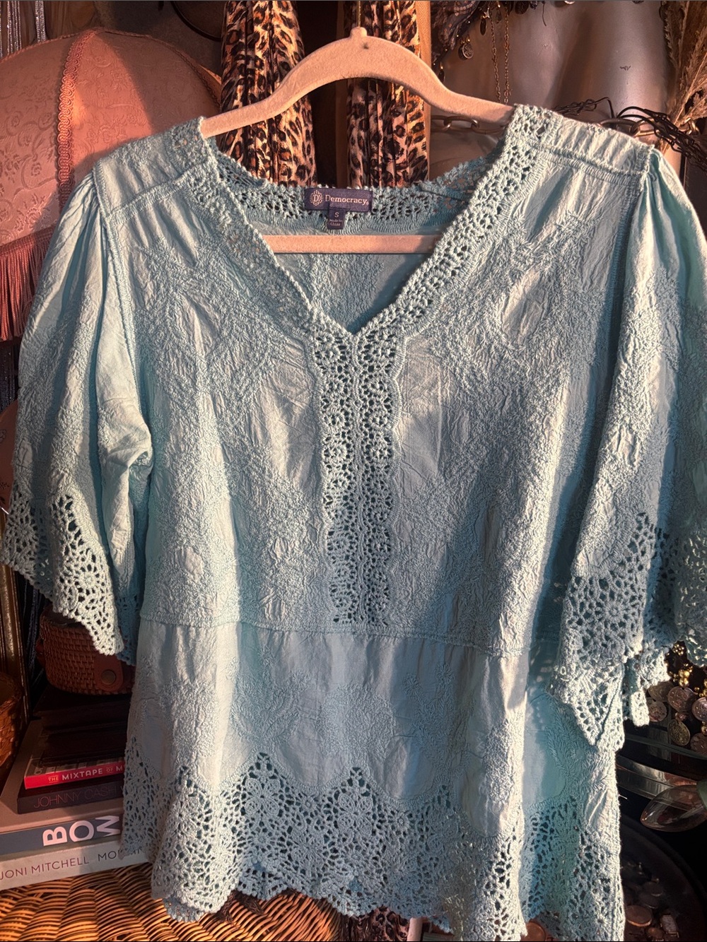 Democracy Light Aqua Crochet-Trim V-Neck Blouse